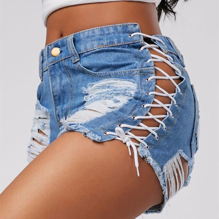 MOLLY - High Waist Ripped Denim Jeans Shorts with Laces - Women's Fashion - Apparel - Shorts - D by Stephania | DAXION mall™