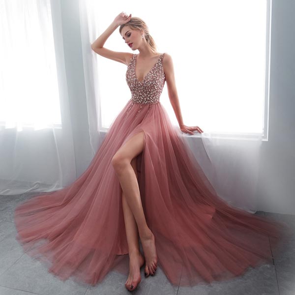 BROOKE - Pink Beaded Sleeveless Prom Dress with V-neck, High Split Tulle  Sweep Train