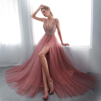 BROOKE - Pink Beaded Sleeveless Prom Dress with V-neck, High Split Tulle Sweep Train - Women's Fashion - Clothes - Dresses - D by Stephania | DAXION mall™