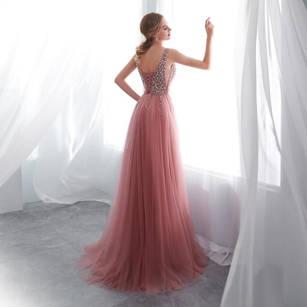 V-Neck Lace Tulle Bow Straps Sweep Train Prom Dress Pink / 12