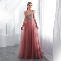 BROOKE - Pink Beaded Sleeveless Prom Dress with V-neck, High Split Tulle Sweep Train - Women's Fashion - Clothes - Dresses - D by Stephania | DAXION mall™