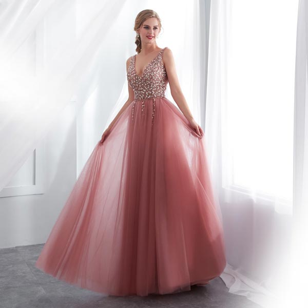 BROOKE - Pink Beaded Sleeveless Prom Dress with V-neck, High Split Tulle Sweep Train - Women's Fashion - Clothes - Dresses - D by Stephania | DAXION mall™