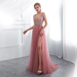 BROOKE - Pink Beaded Sleeveless Prom Dress with V-neck, High Split Tulle Sweep Train - Women's Fashion - Clothes - Dresses - D by Stephania | DAXION mall™