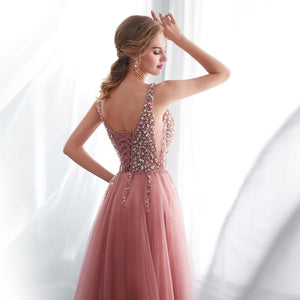 BROOKE - Pink Beaded Sleeveless Prom Dress with V-neck, High Split Tulle Sweep Train - Women's Fashion - Clothes - Dresses - D by Stephania | DAXION mall™