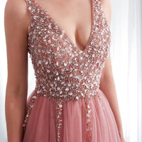 BROOKE - Pink Beaded Sleeveless Prom Dress with V-neck, High Split Tulle Sweep Train - Women's Fashion - Clothes - Dresses - D by Stephania | DAXION mall™