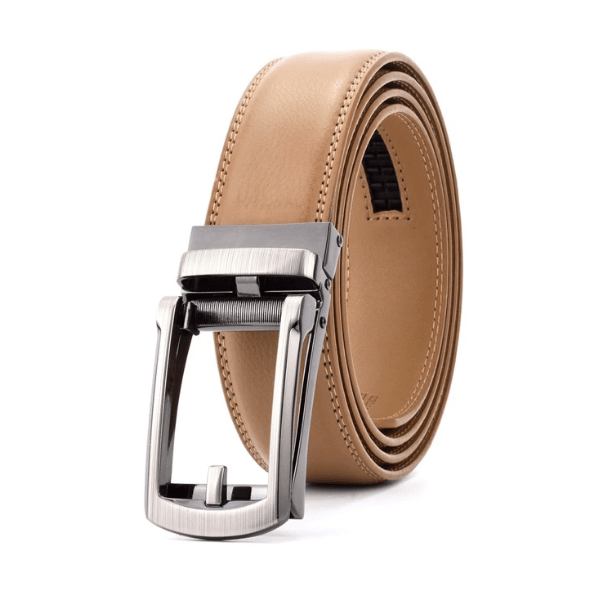 MELVIN - Genuine Leather Ratchet Belt for Men - Automatic Buckle, No holes - Khaki, 35 mm